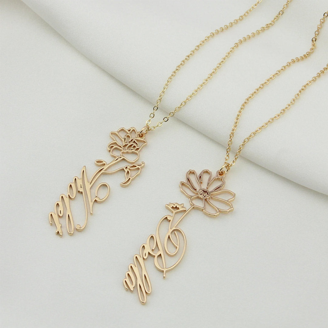 Custom Name Necklace/Ring with Birth Flower