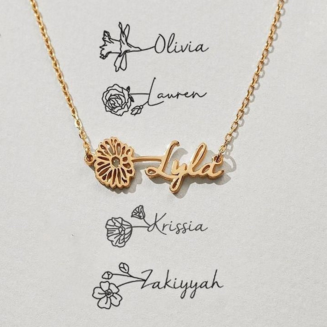 Custom Name Necklace/Ring with Birth Flower
