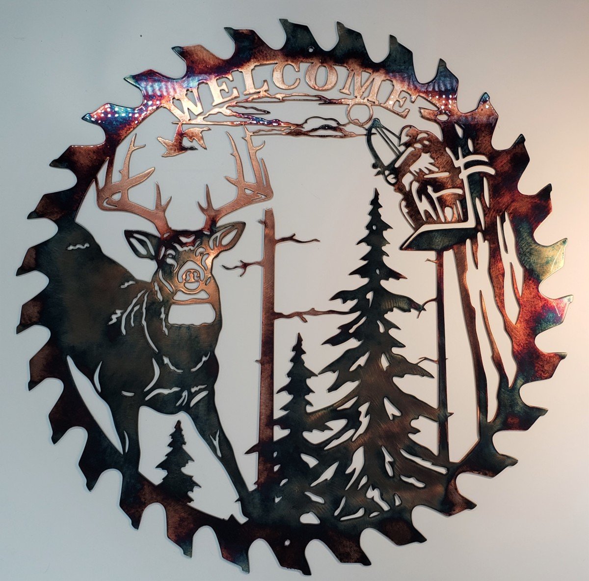 Whitetail Bowhunter Bienvenido Hoja de sierra recortada Arte de pared de metal