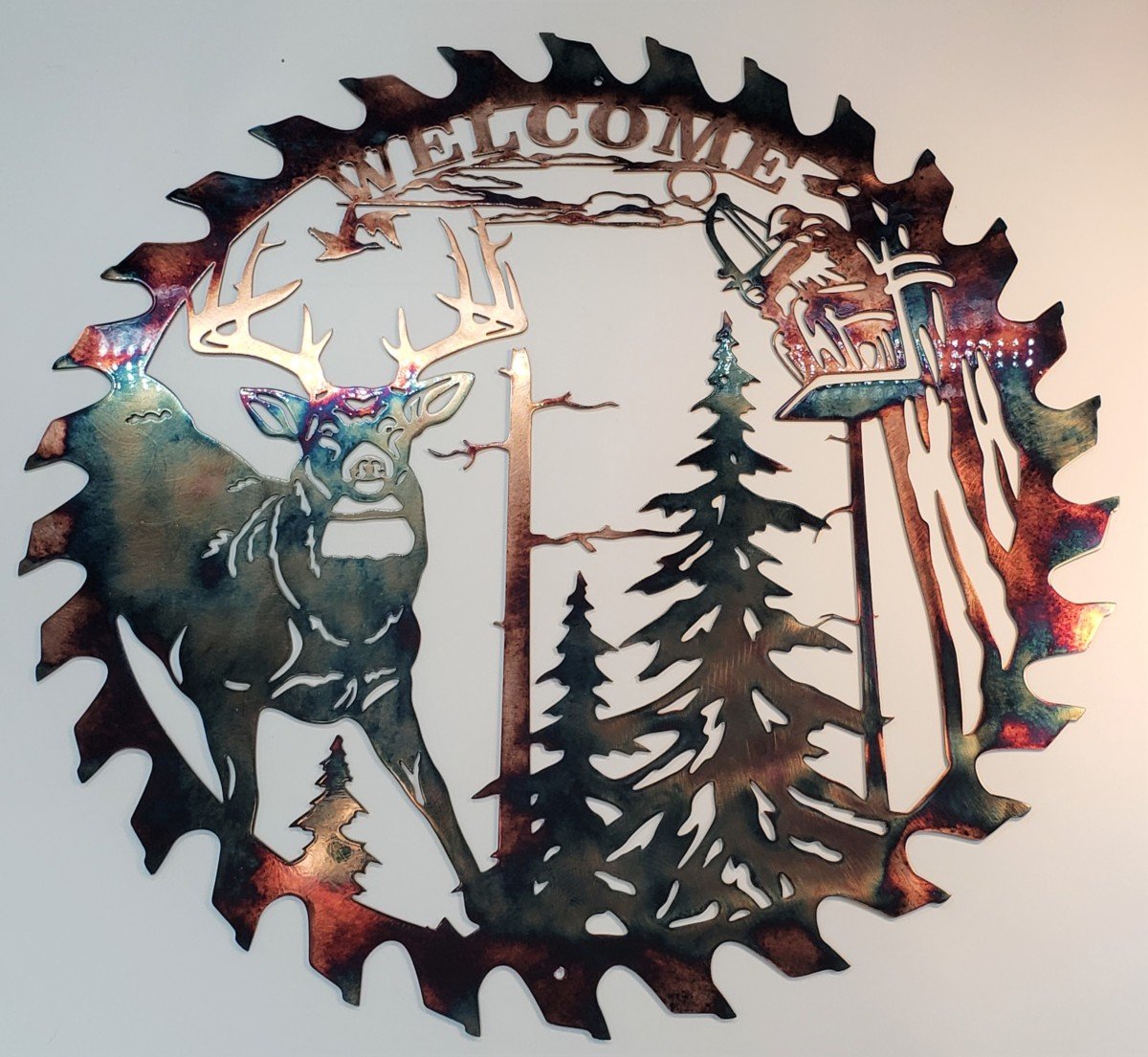 Whitetail Bowhunter Bienvenido Hoja de sierra recortada Arte de pared de metal