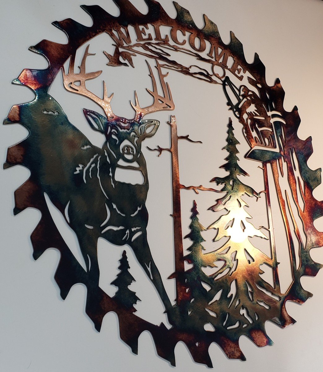 Whitetail Bowhunter Bienvenido Hoja de sierra recortada Arte de pared de metal