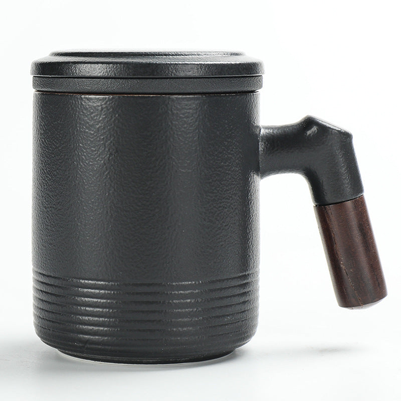 Ceramic tea cups with strainer wood handle, black