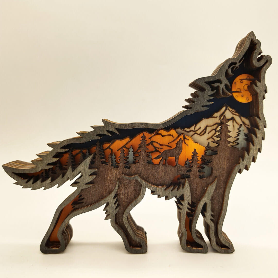 3D Wooden Wolf Carving Handcraft