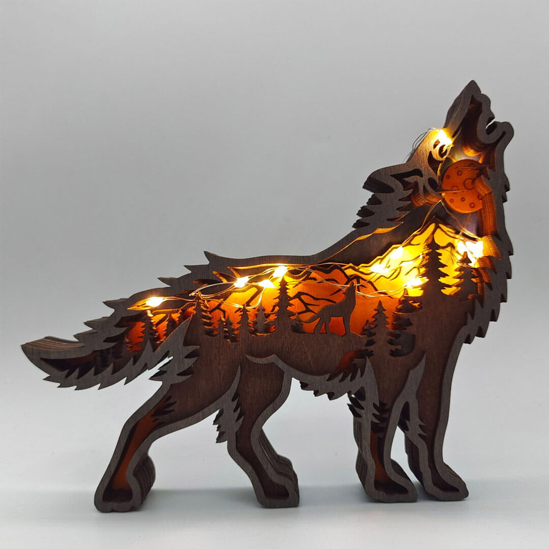 3D Wooden Wolf Carving Handcraft