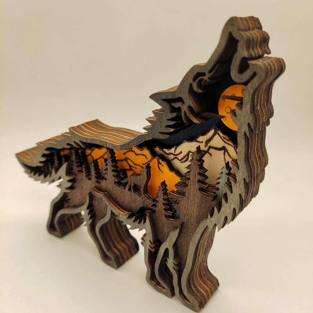 3D Wooden Wolf Carving Handcraft