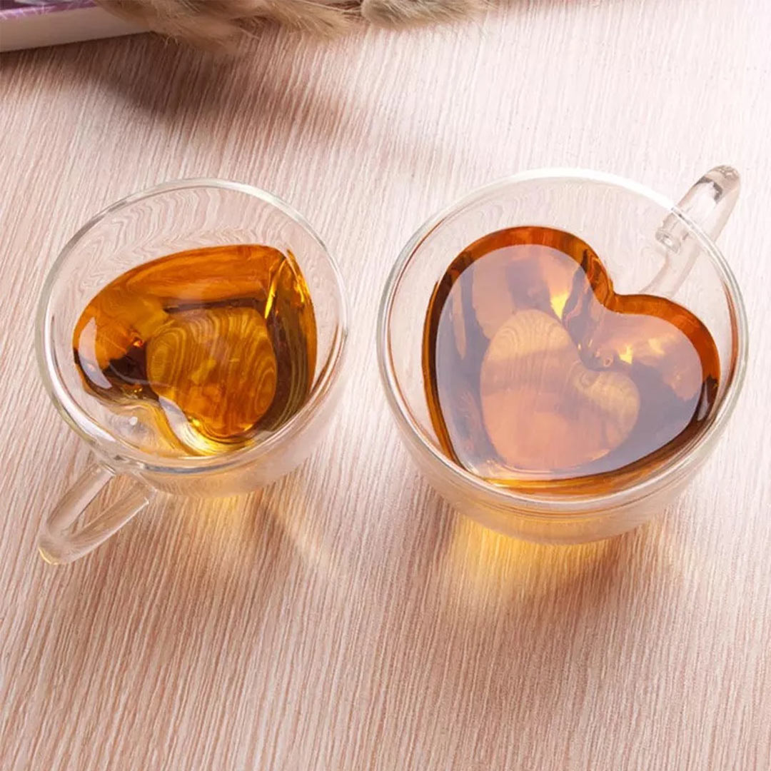 Taza de té de café en forma de corazón de amor de cristal