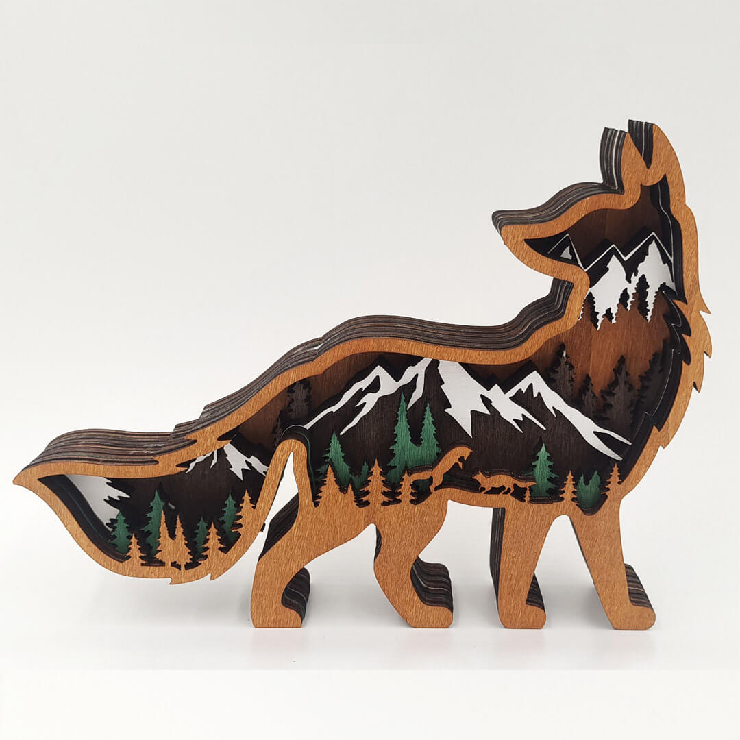 3D Wooden Fox Carving Handcraft