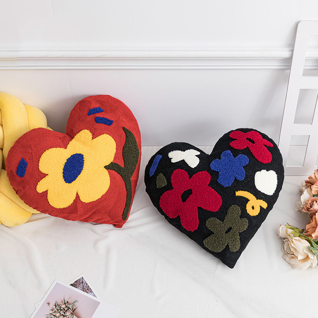 Love Heart Flower Embroidered Pillow