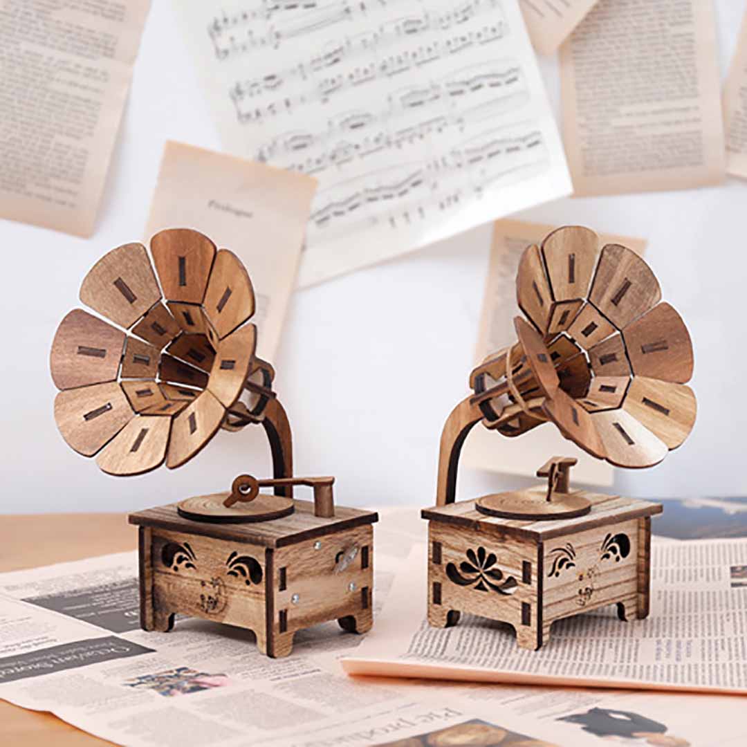 Wooden Assembled Gramophone Music Box