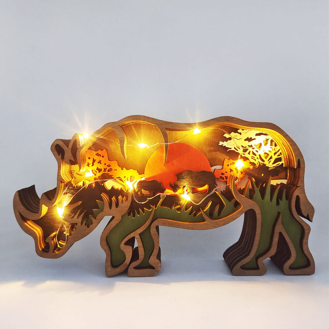 3D Wooden Rhino Carving Handcraft