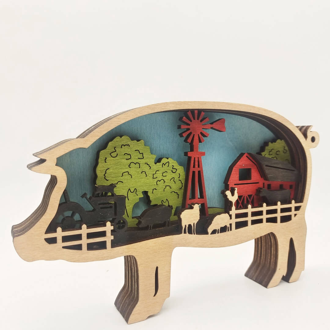 3D Wooden Piggy Carving Handcraft