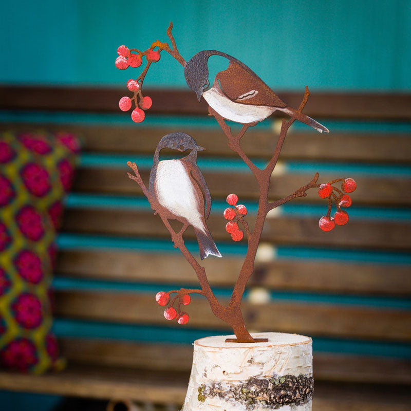 Metal Hand Painted Chickadees and Berries Garden Art