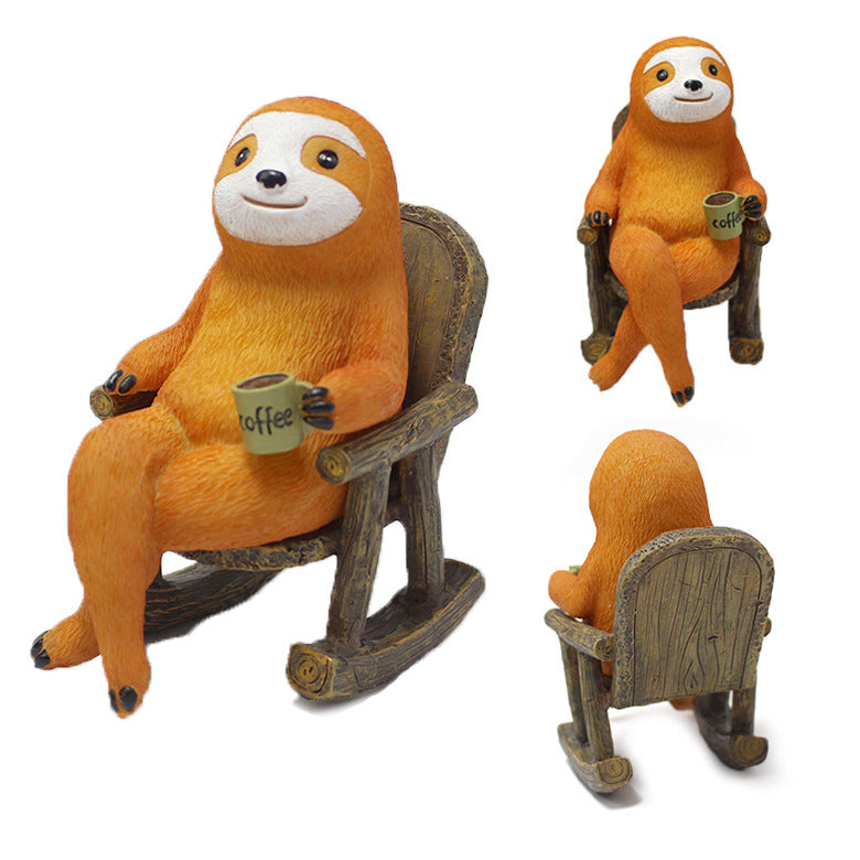 Rocking Chair Sloth Garden Statue Drinking Coffee