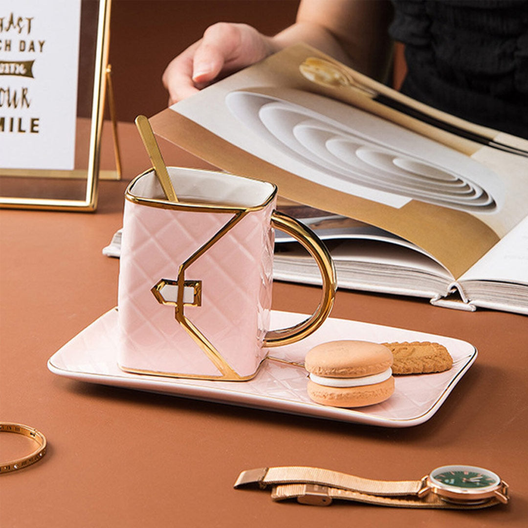 Tazza creativa a forma di borsetta con piattino e cucchiaio