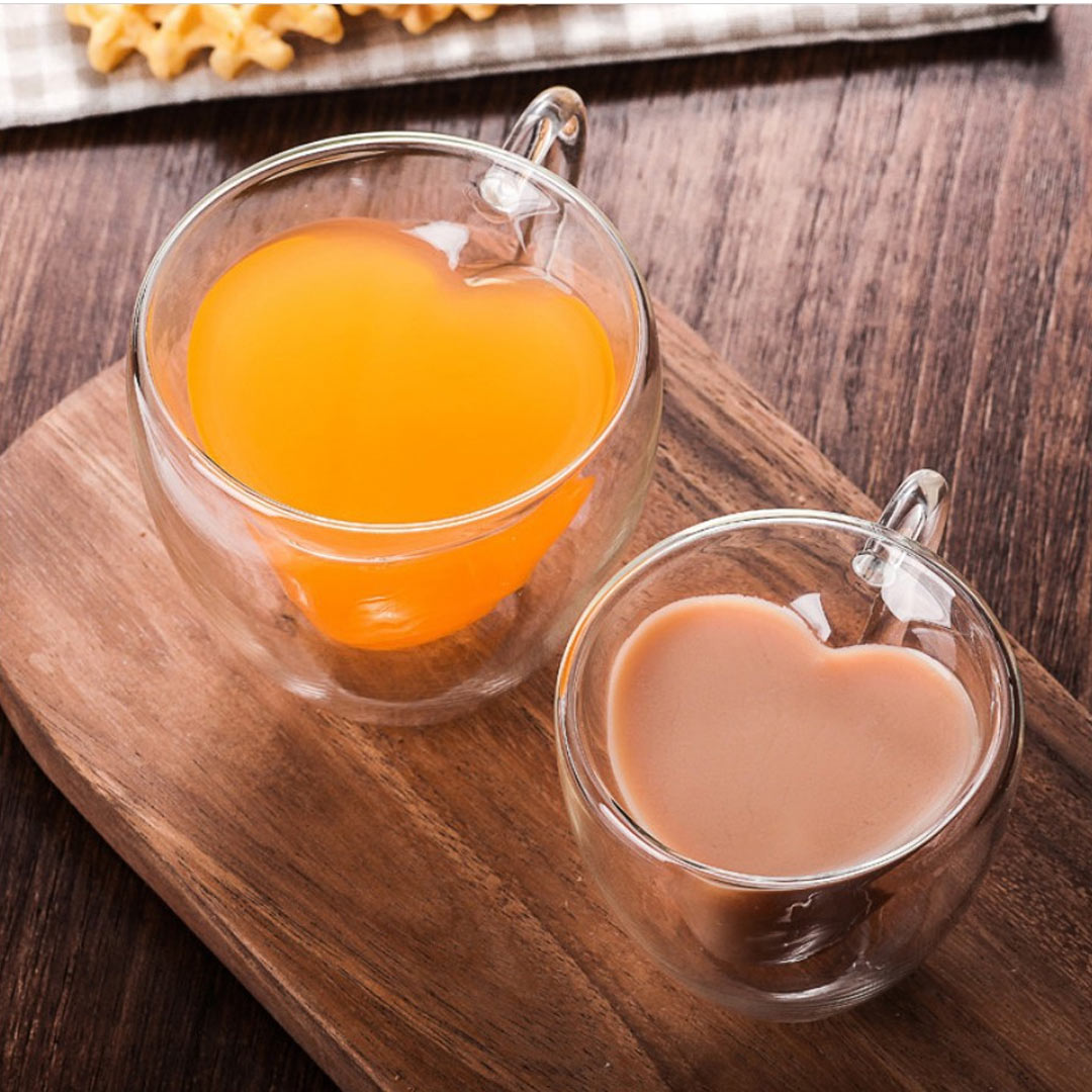 Taza de té de café en forma de corazón de amor de cristal