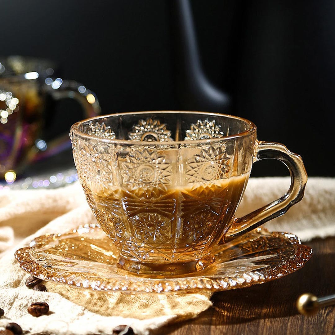 Vintage Style Glass Cup with Saucer Set