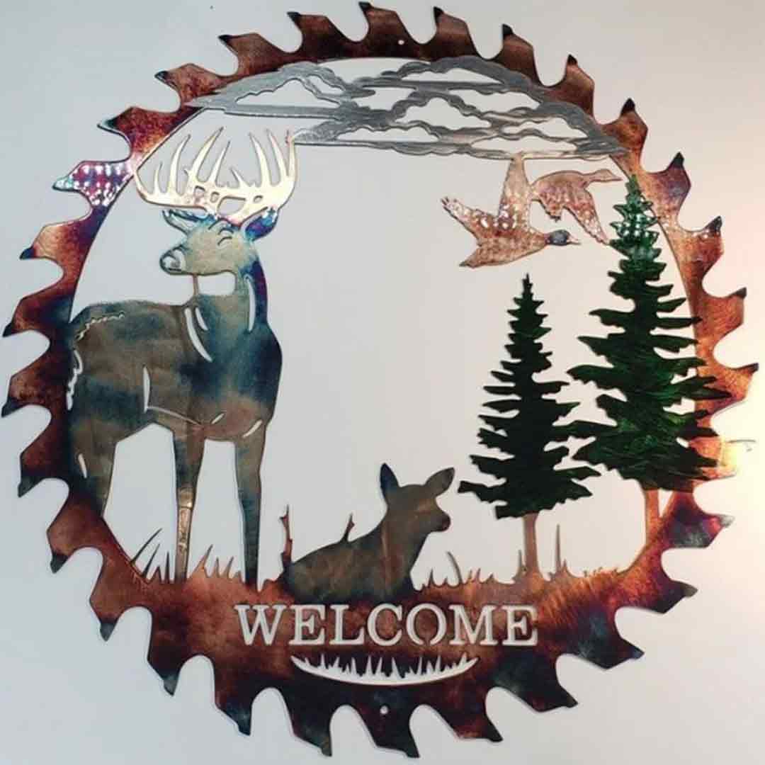 Whitetail Bowhunter Bienvenido Hoja de sierra recortada Arte de pared de metal