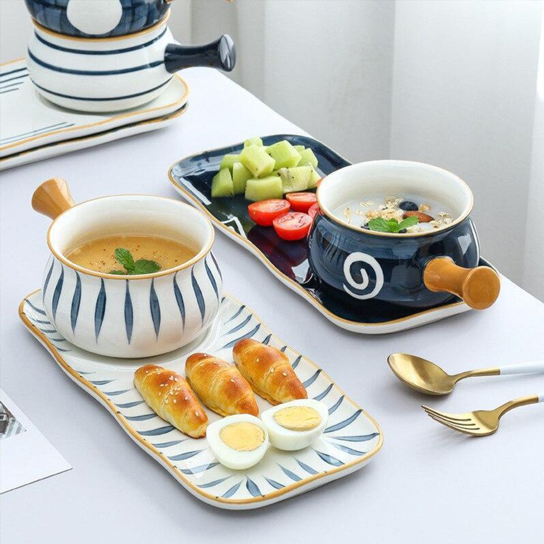 Platos de comida de cerámica con tema de bambú azul