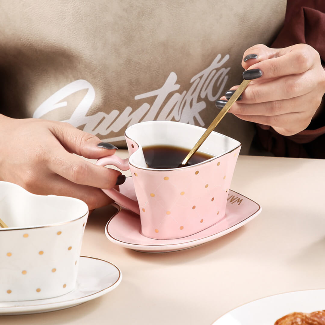 Handmade Ceramic Heart Mug With Saucer & Spoon