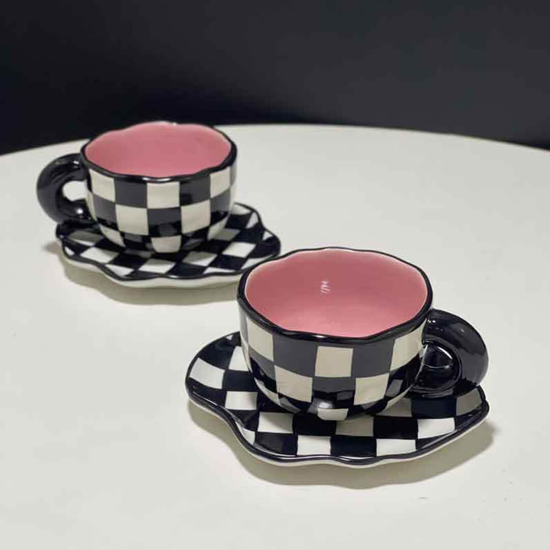 Hand Painted Checkerboard Coffee Cup With Saucer