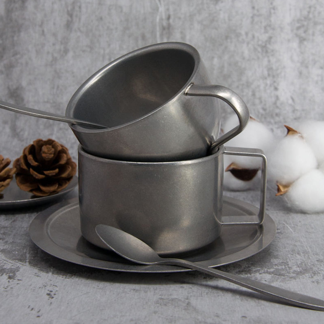 Retro Distressed Stainless Steel Coffee Mug With Saucer & Spoon