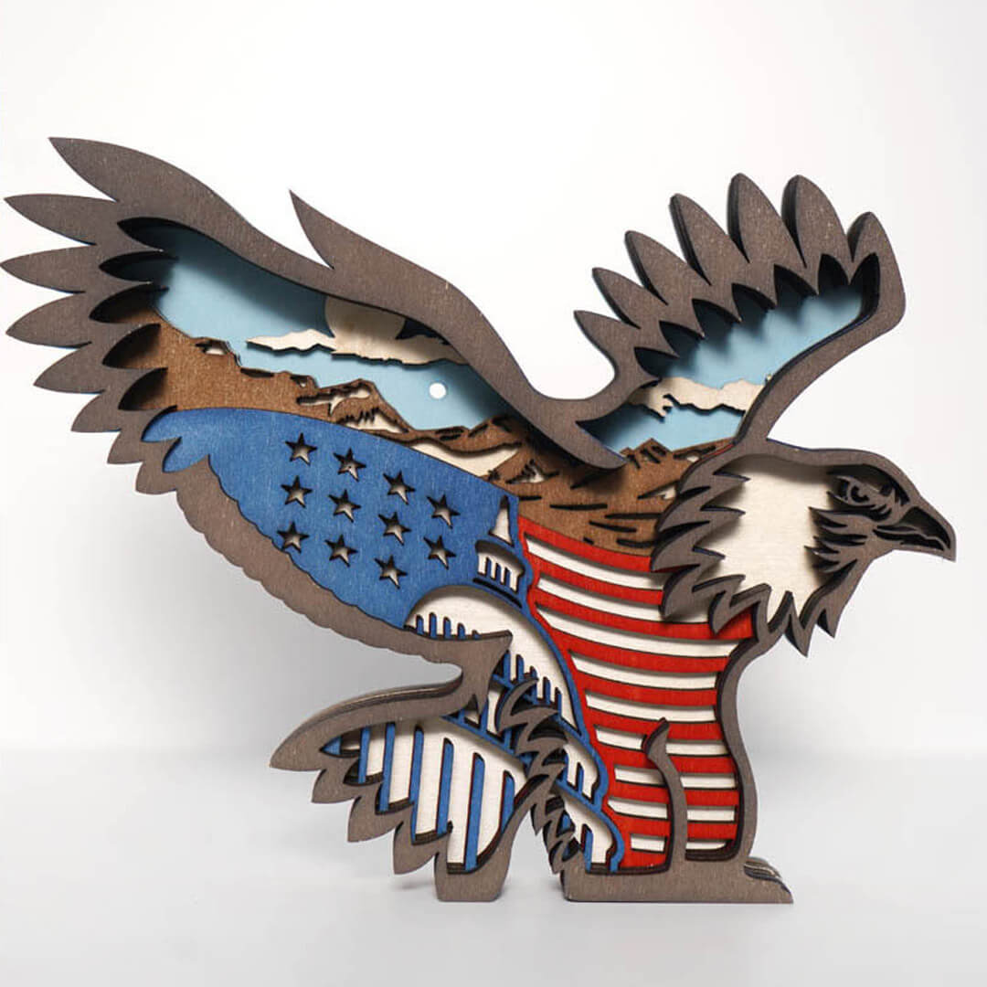 3D Wooden American Flag Bald Eagle Carving Handcraft