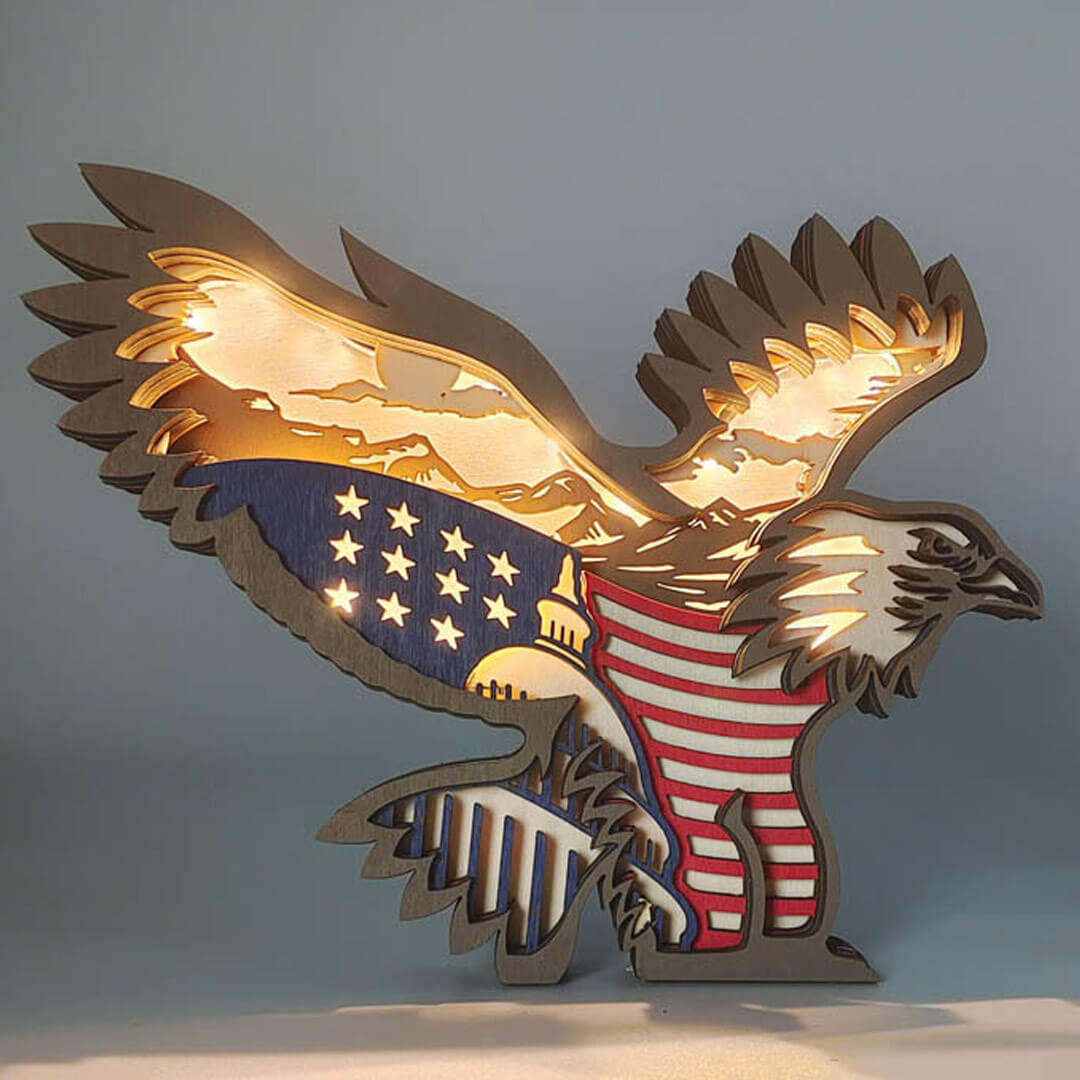 3D Wooden American Flag Bald Eagle Carving Handcraft