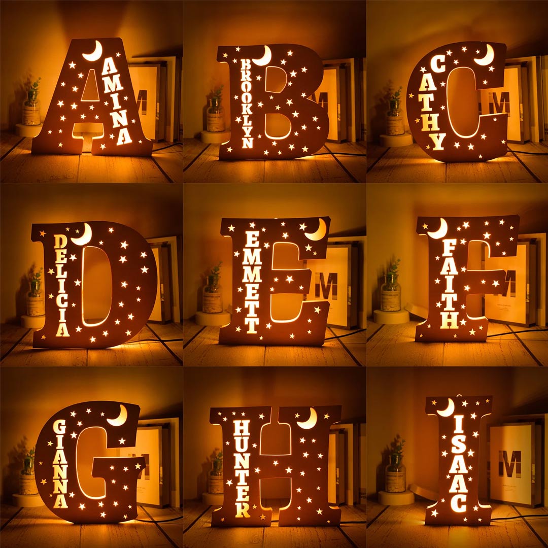 Lámpara personalizada con letras de madera Moon Stars