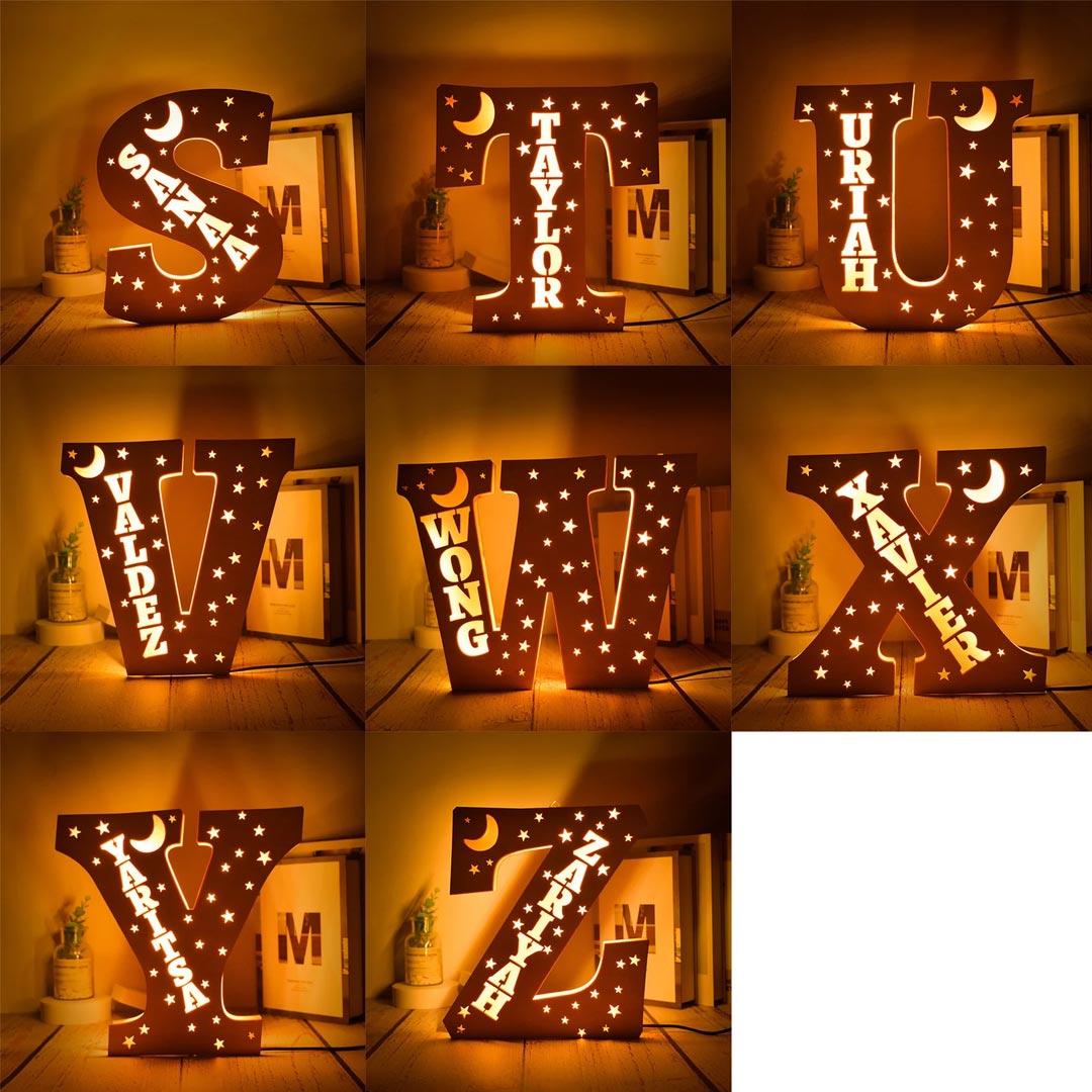 Lámpara personalizada con letras de madera Moon Stars