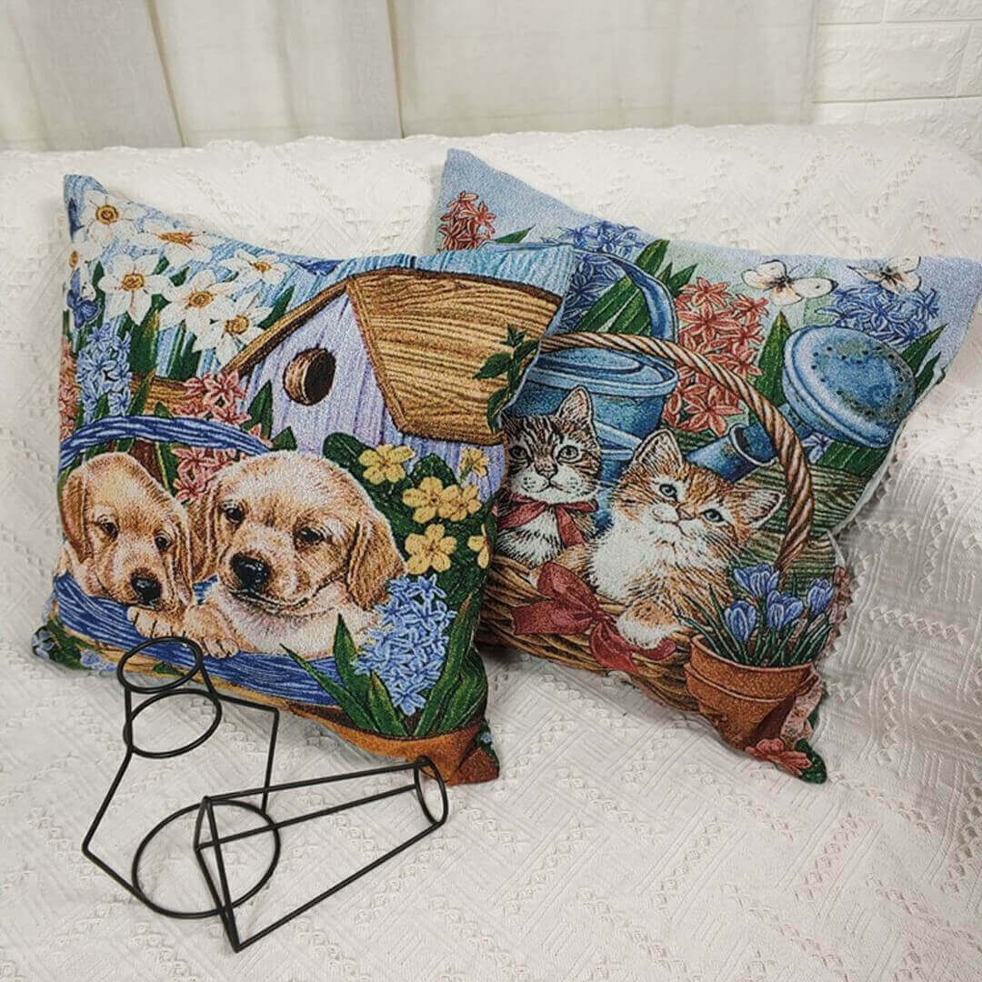 Funda de almohada de lino y algodón con estampado de gatos