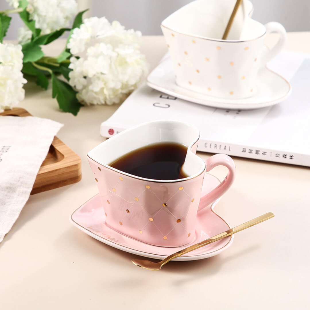 Handmade Ceramic Heart Mug With Saucer & Spoon