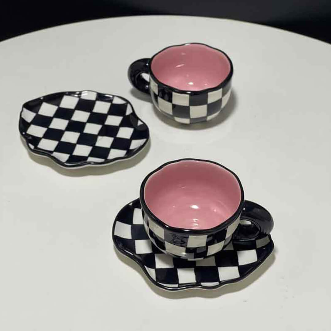 Hand Painted Checkerboard Coffee Cup With Saucer