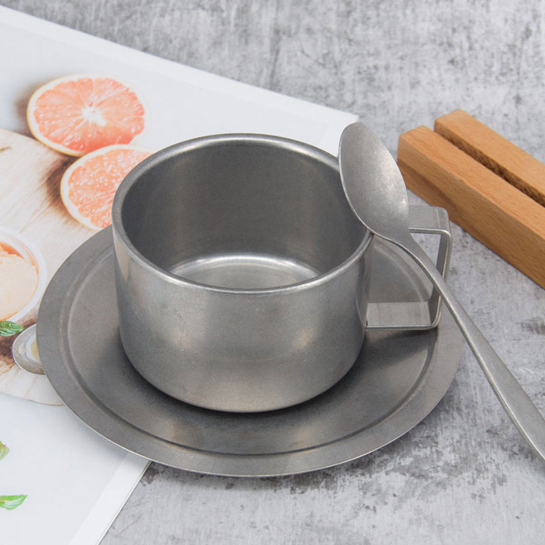 Retro Distressed Stainless Steel Coffee Mug With Saucer & Spoon