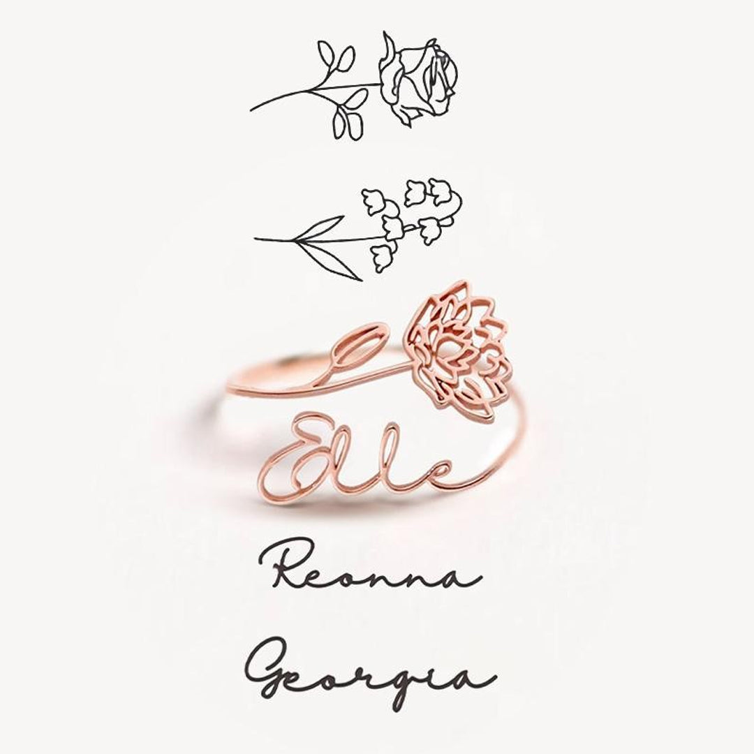 Collar/anillo con nombre personalizado con flor de nacimiento