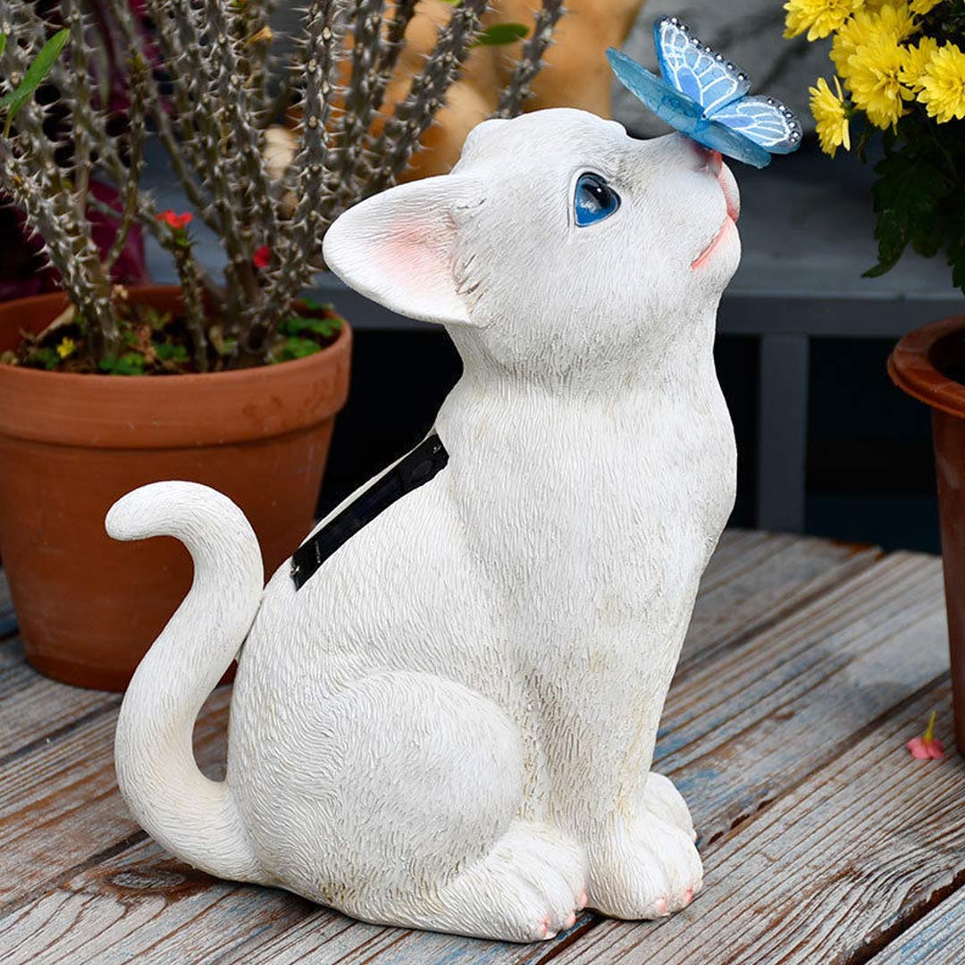 Cane/gatto con decorazioni da giardino con luci solari a farfalla