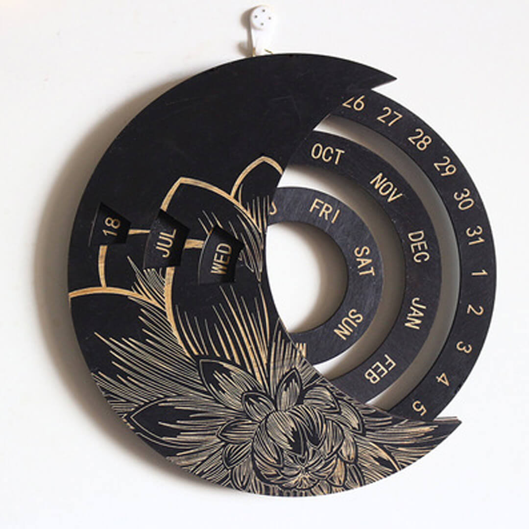 Rotating Wooden Carved Perpetual Calendar