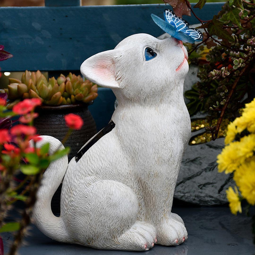 Cane/gatto con decorazioni da giardino con luci solari a farfalla