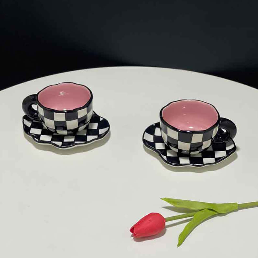 Hand Painted Checkerboard Coffee Cup With Saucer