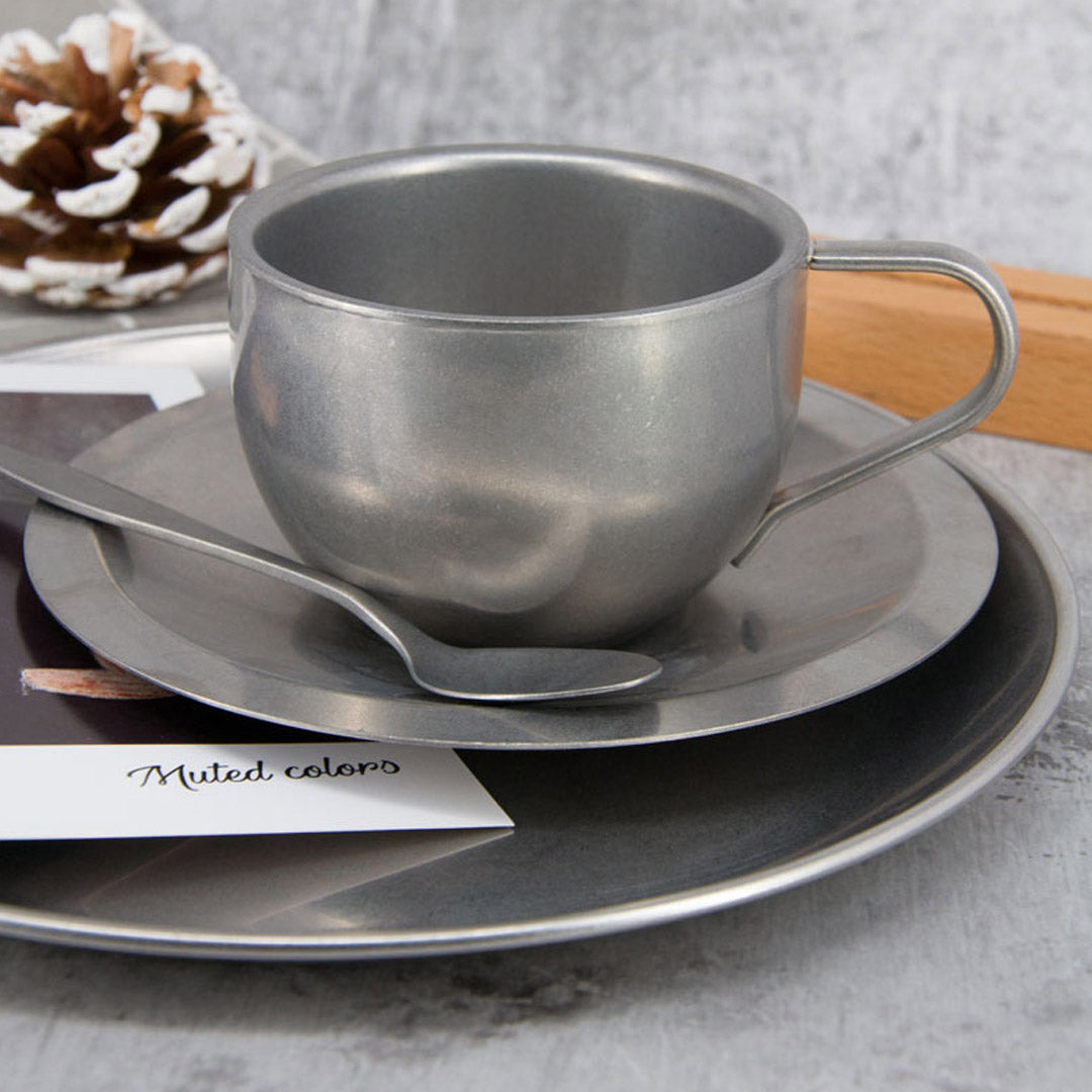 Retro Distressed Stainless Steel Coffee Mug With Saucer & Spoon