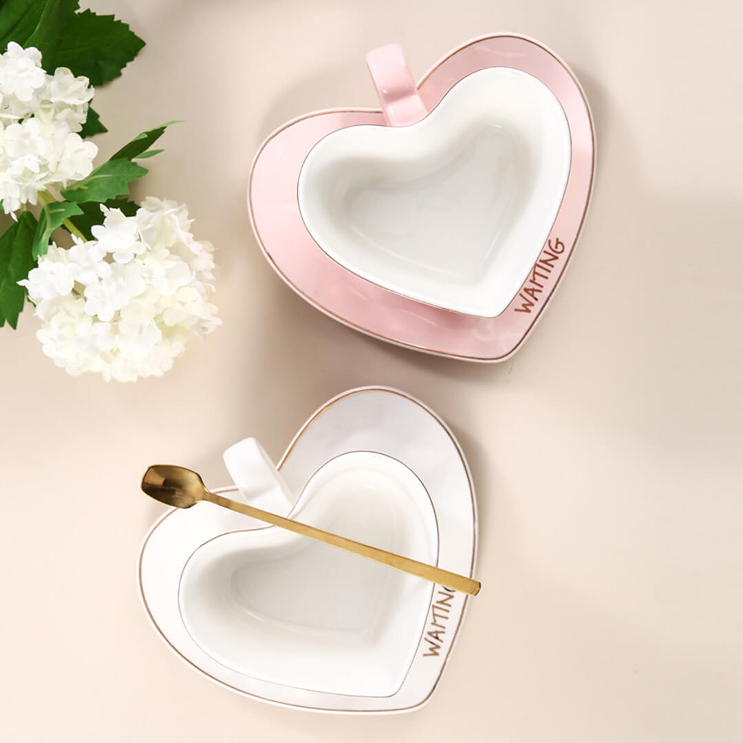 Handmade Ceramic Heart Mug With Saucer & Spoon