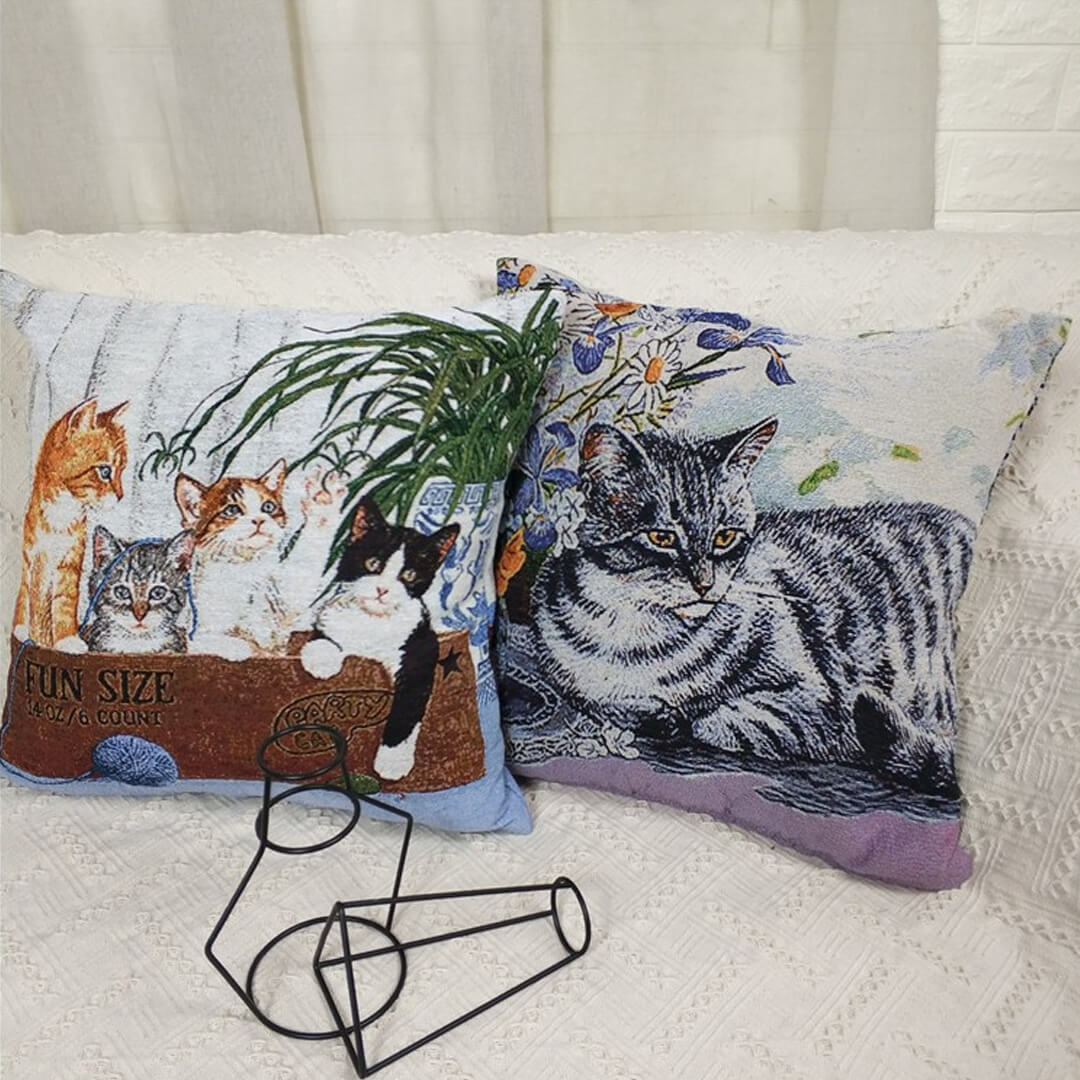 Funda de almohada de lino y algodón con estampado de gatos