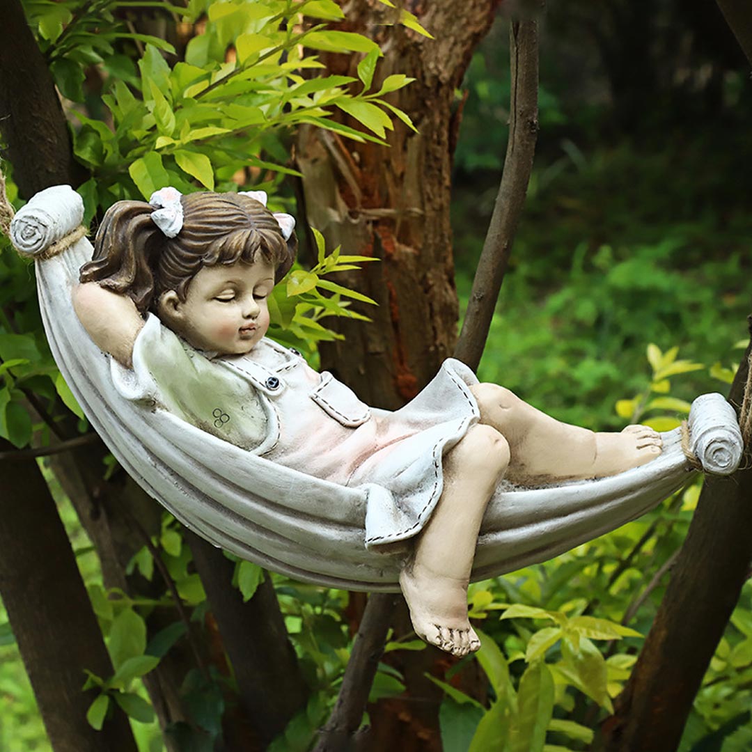 Niño Niña Árbol Columpio Jardín Estatua