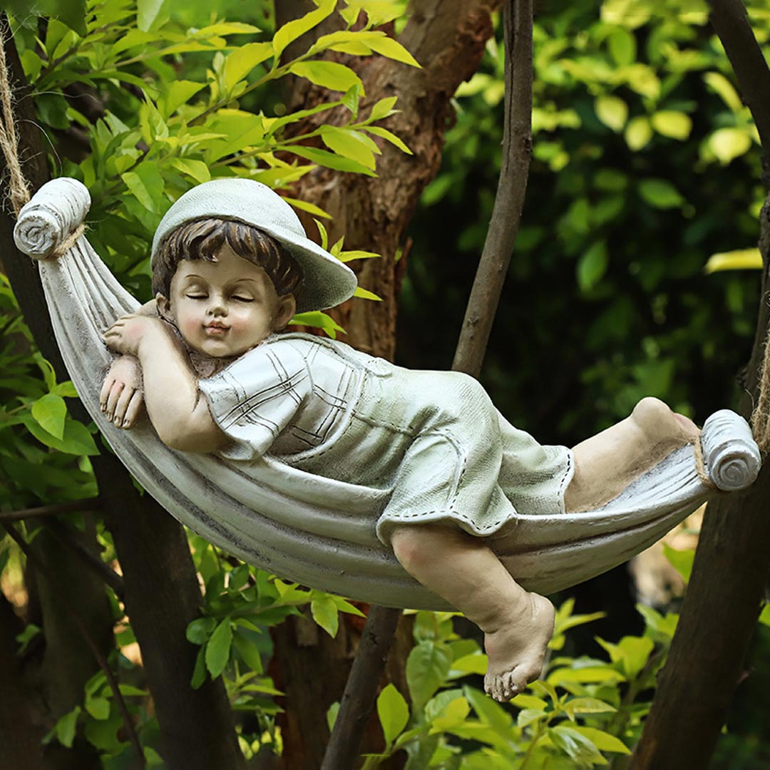 Niño Niña Árbol Columpio Jardín Estatua