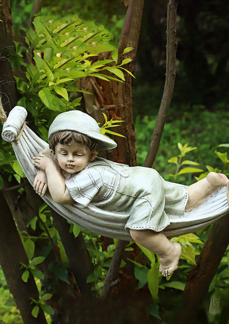 Niño Niña Árbol Columpio Jardín Estatua