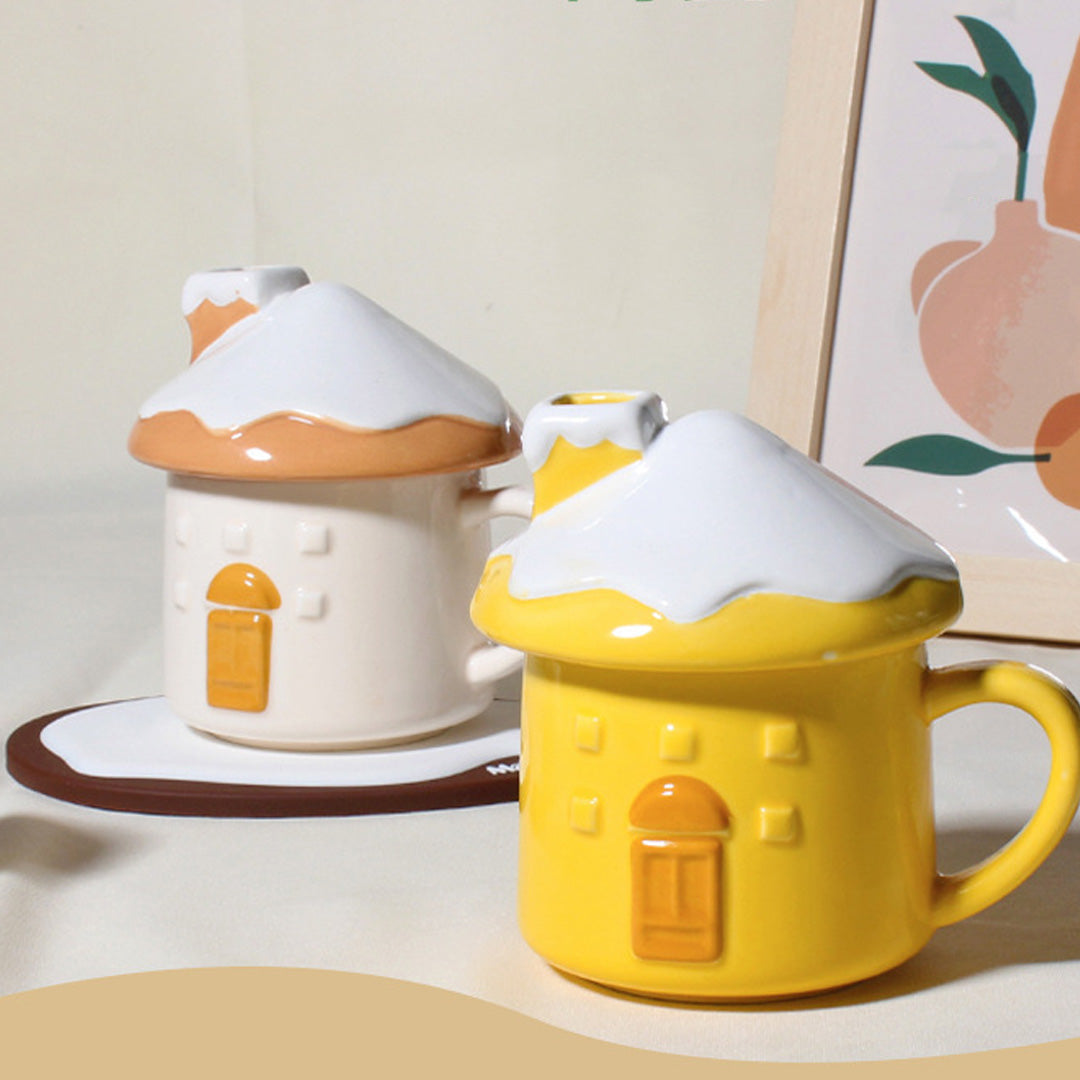 Creative Cute Snow House Mug with Saucer