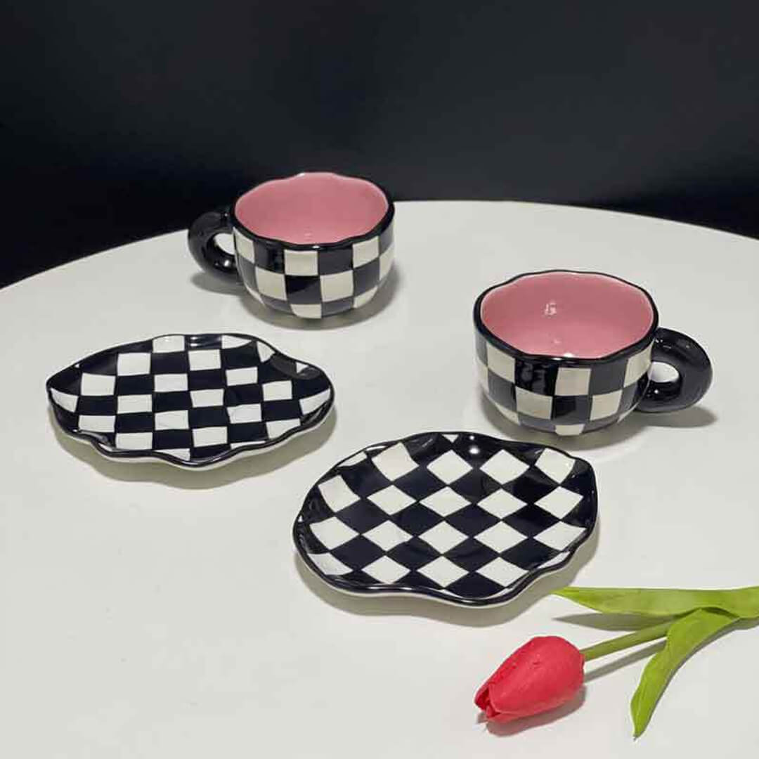 Hand Painted Checkerboard Coffee Cup With Saucer