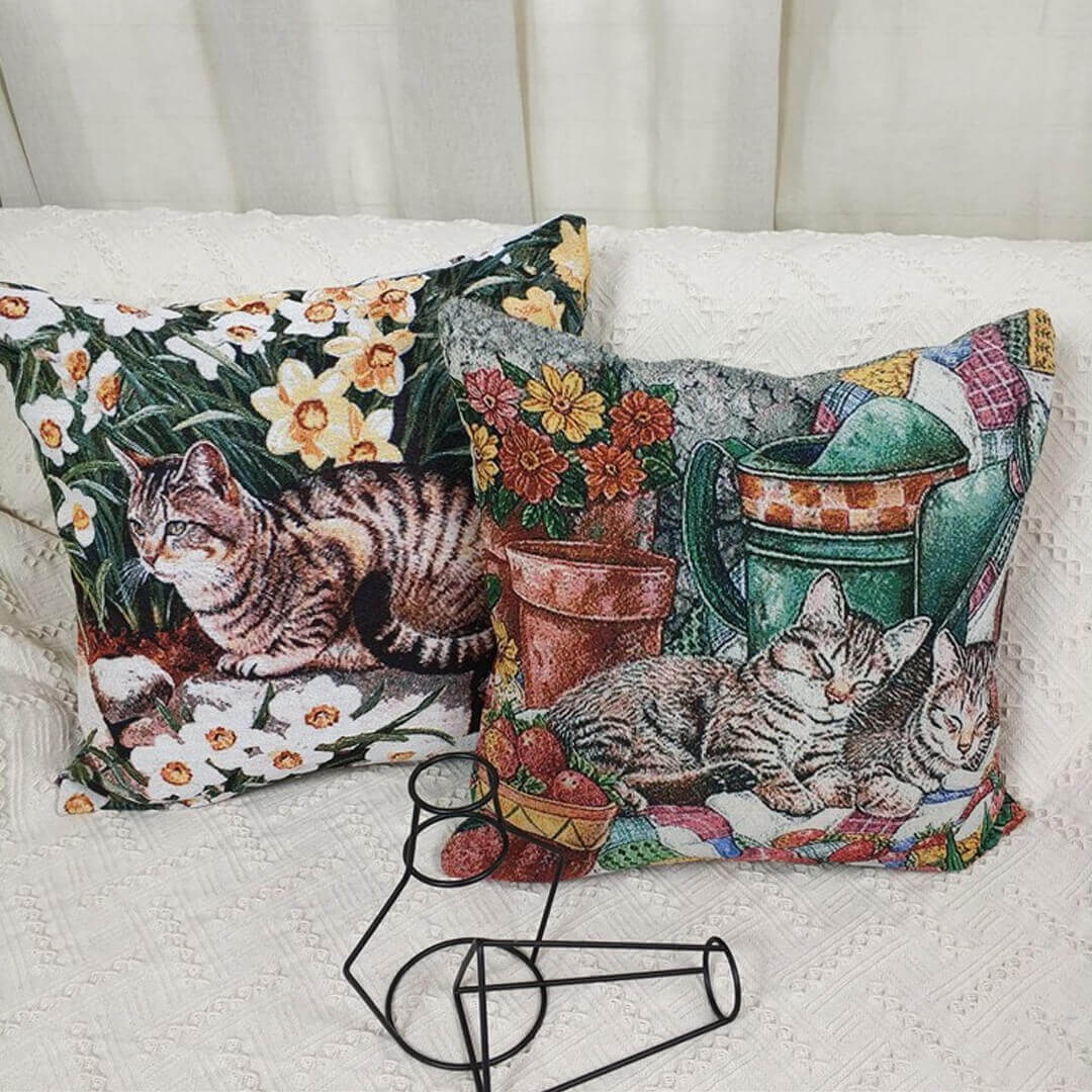 Cat Print Cotton Linen Pillow Cover