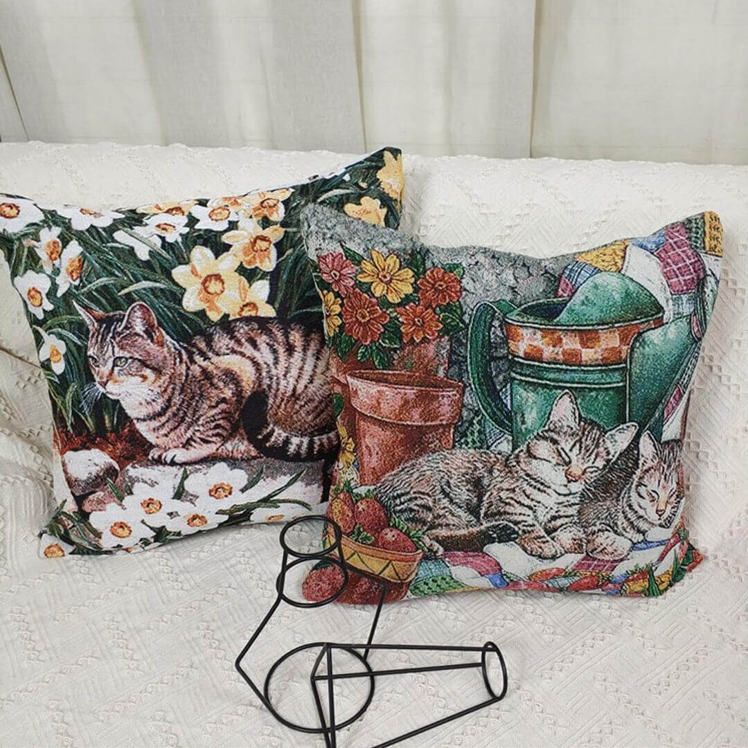 Funda de almohada de lino y algodón con estampado de gatos
