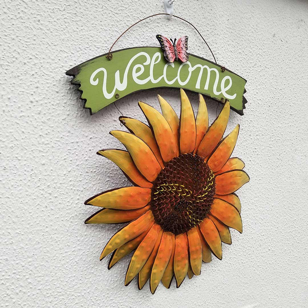 Letrero de bienvenida de girasol de mariposa colgante de hierro