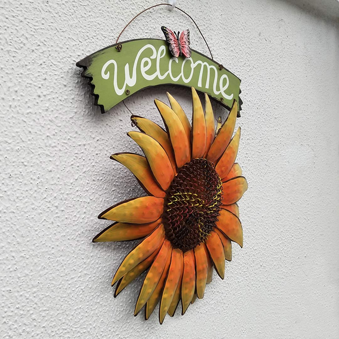 Letrero de bienvenida de girasol de mariposa colgante de hierro